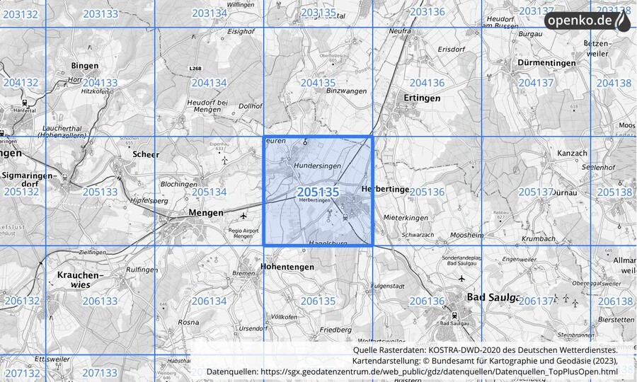 Übersichtskarte des KOSTRA-DWD-2020-Rasterfeldes Nr. 205135