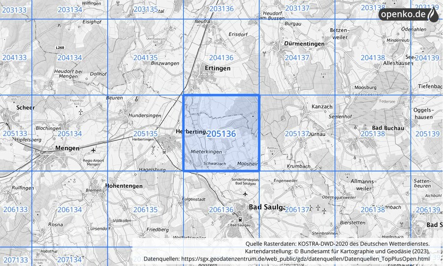 Übersichtskarte des KOSTRA-DWD-2020-Rasterfeldes Nr. 205136