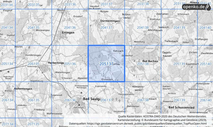 Übersichtskarte des KOSTRA-DWD-2020-Rasterfeldes Nr. 205137