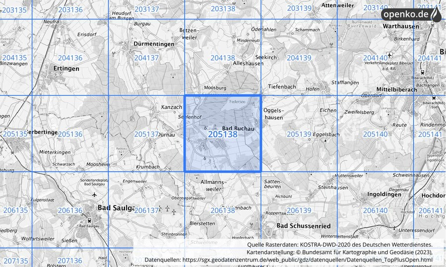 Übersichtskarte des KOSTRA-DWD-2020-Rasterfeldes Nr. 205138