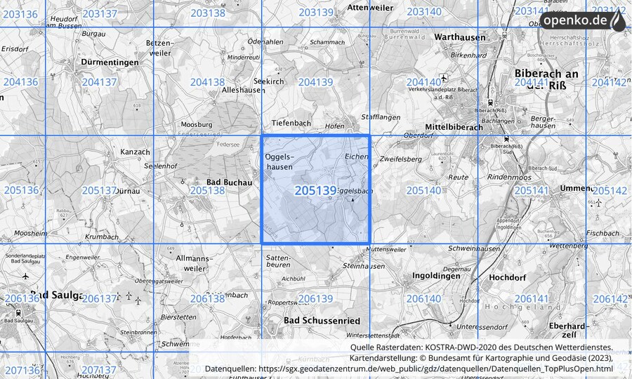 Übersichtskarte des KOSTRA-DWD-2020-Rasterfeldes Nr. 205139