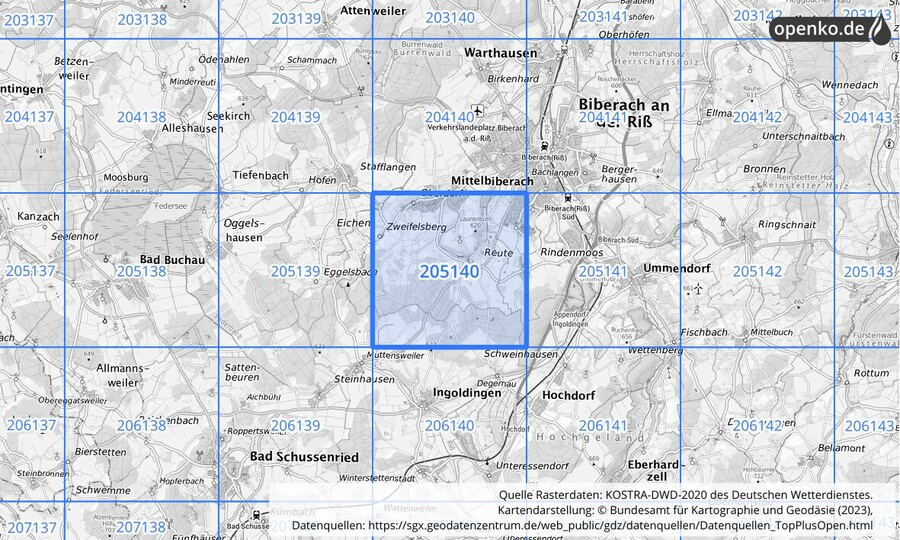 Übersichtskarte des KOSTRA-DWD-2020-Rasterfeldes Nr. 205140