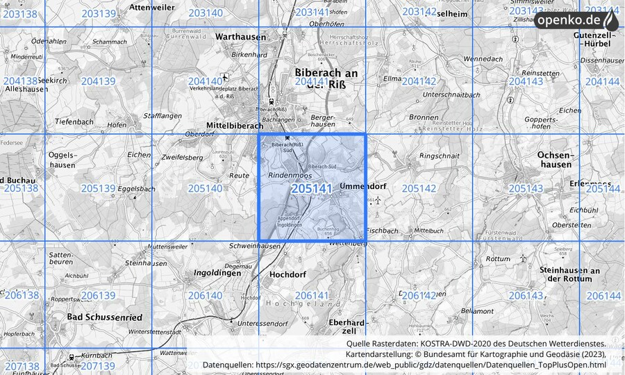 Übersichtskarte des KOSTRA-DWD-2020-Rasterfeldes Nr. 205141