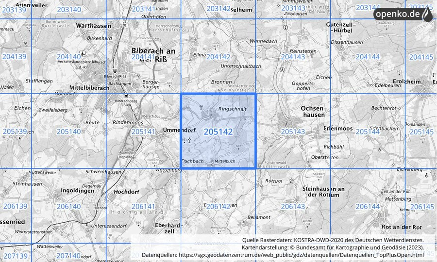 Übersichtskarte des KOSTRA-DWD-2020-Rasterfeldes Nr. 205142
