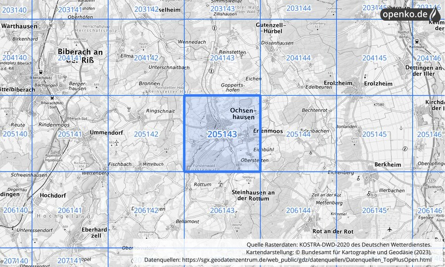 Übersichtskarte des KOSTRA-DWD-2020-Rasterfeldes Nr. 205143