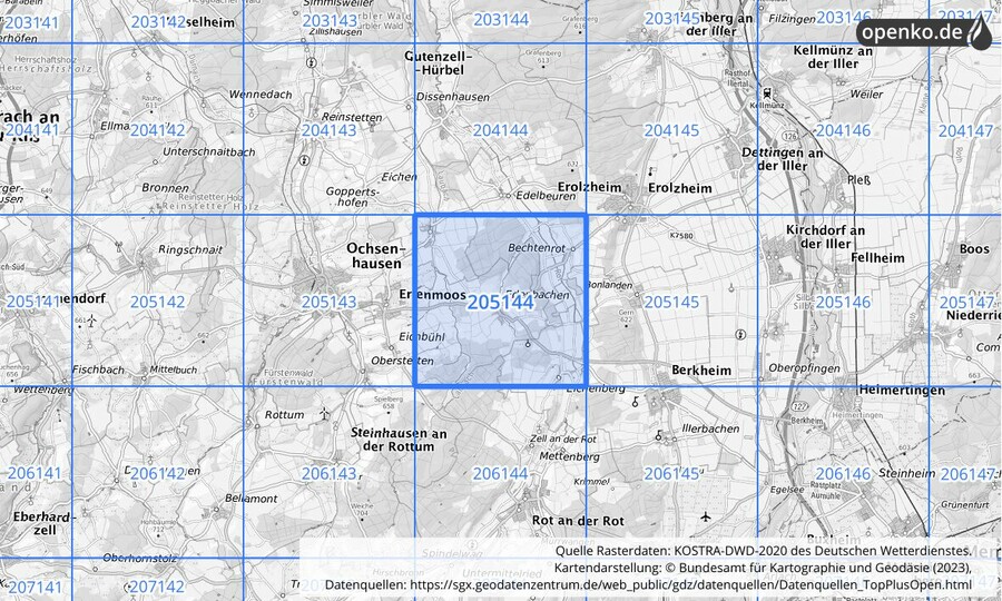 Übersichtskarte des KOSTRA-DWD-2020-Rasterfeldes Nr. 205144