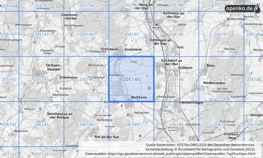 Übersichtskarte des KOSTRA-DWD-2020-Rasterfeldes Nr. 205145