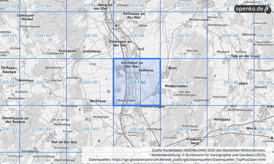 Übersichtskarte des KOSTRA-DWD-2020-Rasterfeldes Nr. 205146