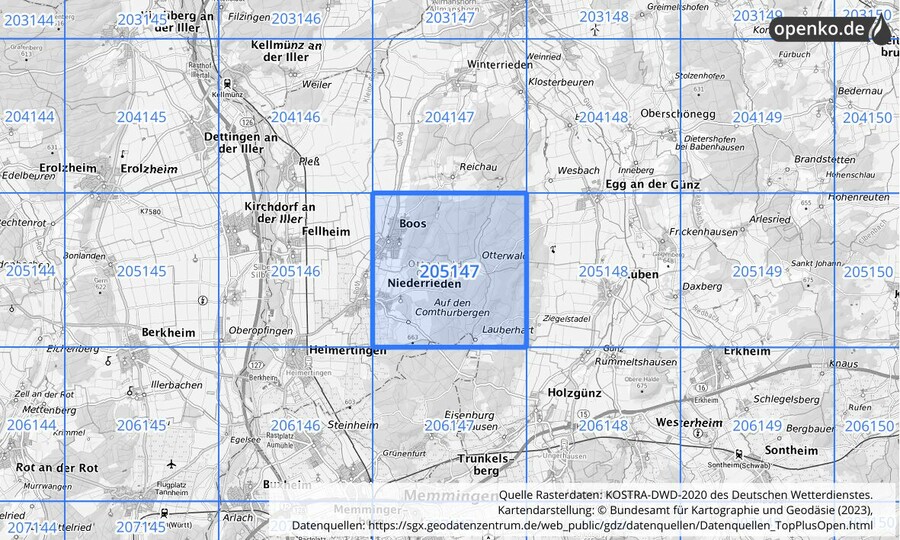 Übersichtskarte des KOSTRA-DWD-2020-Rasterfeldes Nr. 205147