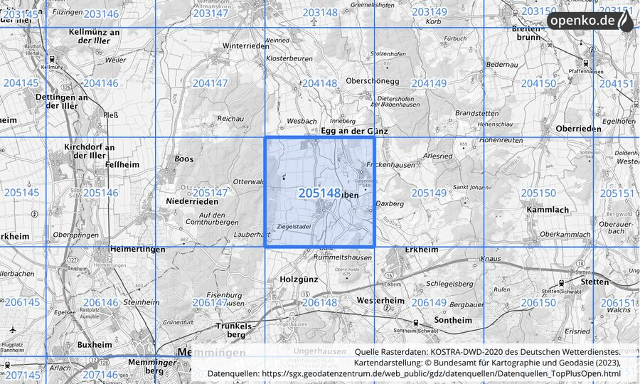 Übersichtskarte des KOSTRA-DWD-2020-Rasterfeldes Nr. 205148