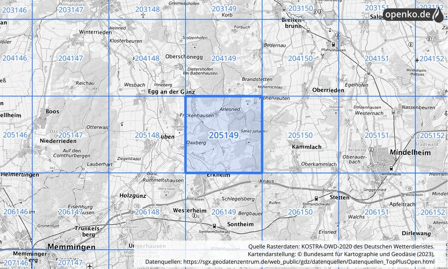 Übersichtskarte des KOSTRA-DWD-2020-Rasterfeldes Nr. 205149