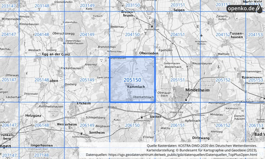 Übersichtskarte des KOSTRA-DWD-2020-Rasterfeldes Nr. 205150