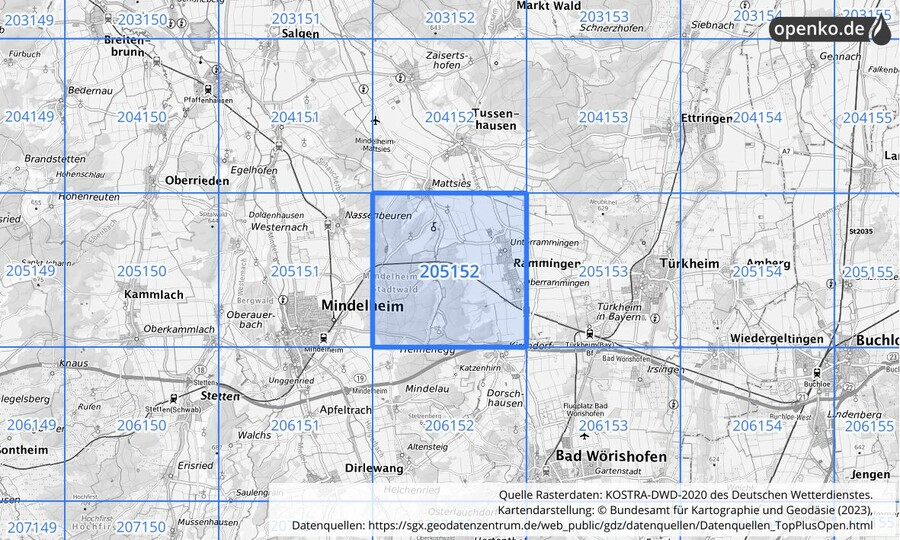 Übersichtskarte des KOSTRA-DWD-2020-Rasterfeldes Nr. 205152