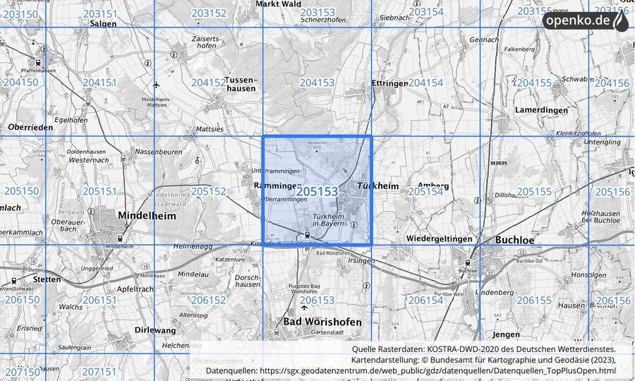 Übersichtskarte des KOSTRA-DWD-2020-Rasterfeldes Nr. 205153