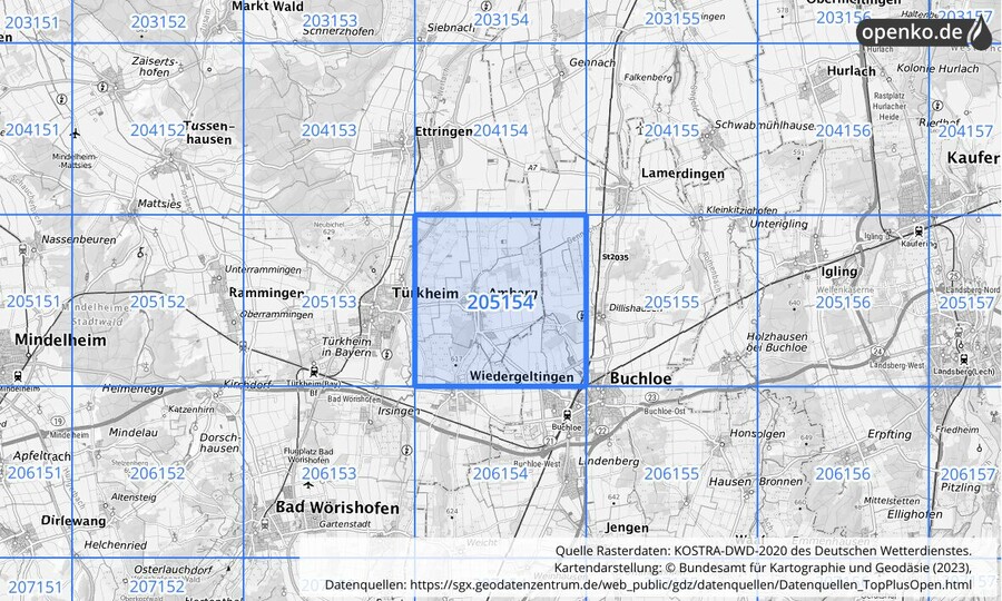 Übersichtskarte des KOSTRA-DWD-2020-Rasterfeldes Nr. 205154