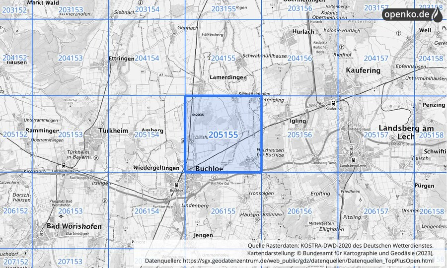 Übersichtskarte des KOSTRA-DWD-2020-Rasterfeldes Nr. 205155