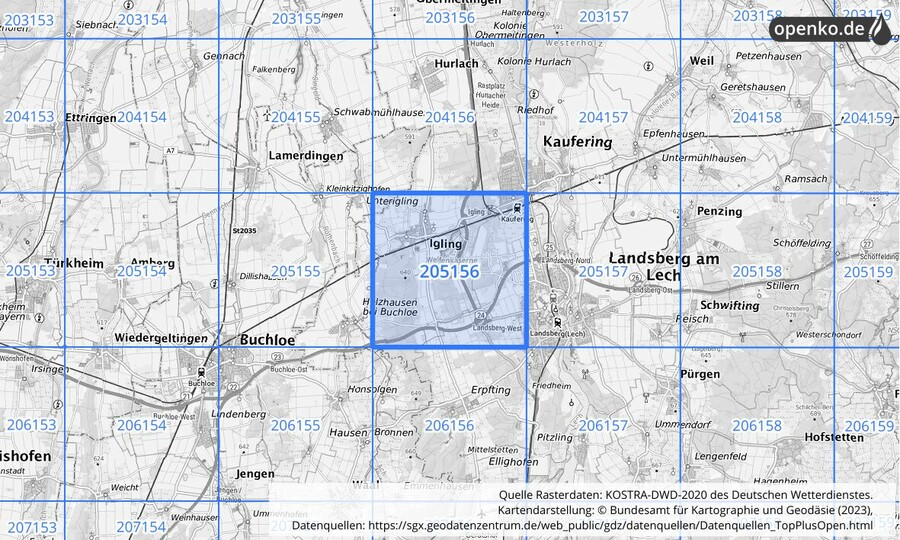 Übersichtskarte des KOSTRA-DWD-2020-Rasterfeldes Nr. 205156