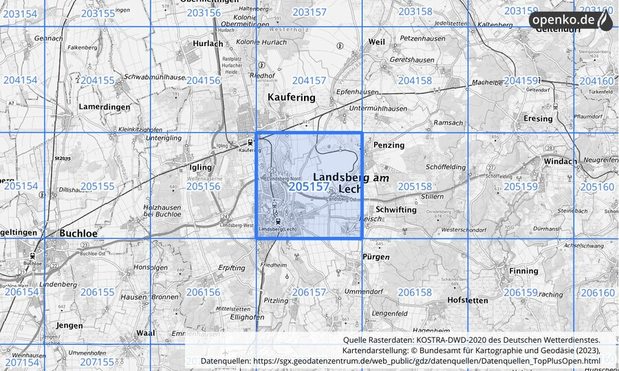 Übersichtskarte des KOSTRA-DWD-2020-Rasterfeldes Nr. 205157