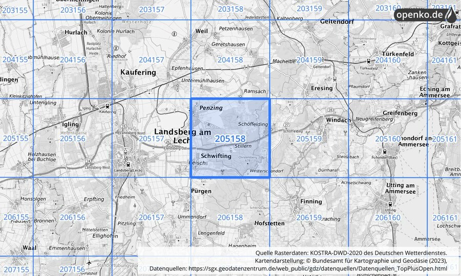 Übersichtskarte des KOSTRA-DWD-2020-Rasterfeldes Nr. 205158