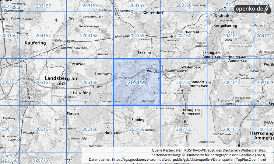 Übersichtskarte des KOSTRA-DWD-2020-Rasterfeldes Nr. 205159