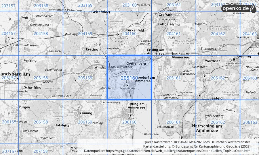 Übersichtskarte des KOSTRA-DWD-2020-Rasterfeldes Nr. 205160