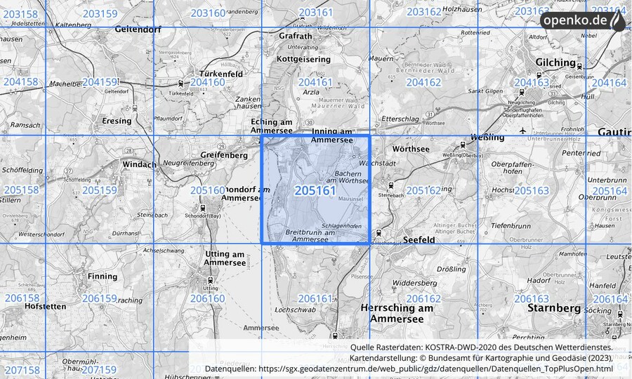 Übersichtskarte des KOSTRA-DWD-2020-Rasterfeldes Nr. 205161