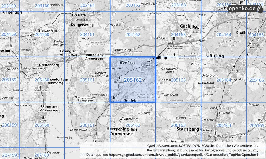 Übersichtskarte des KOSTRA-DWD-2020-Rasterfeldes Nr. 205162