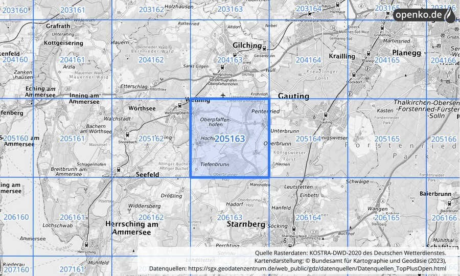 Übersichtskarte des KOSTRA-DWD-2020-Rasterfeldes Nr. 205163