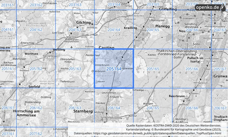 Übersichtskarte des KOSTRA-DWD-2020-Rasterfeldes Nr. 205164
