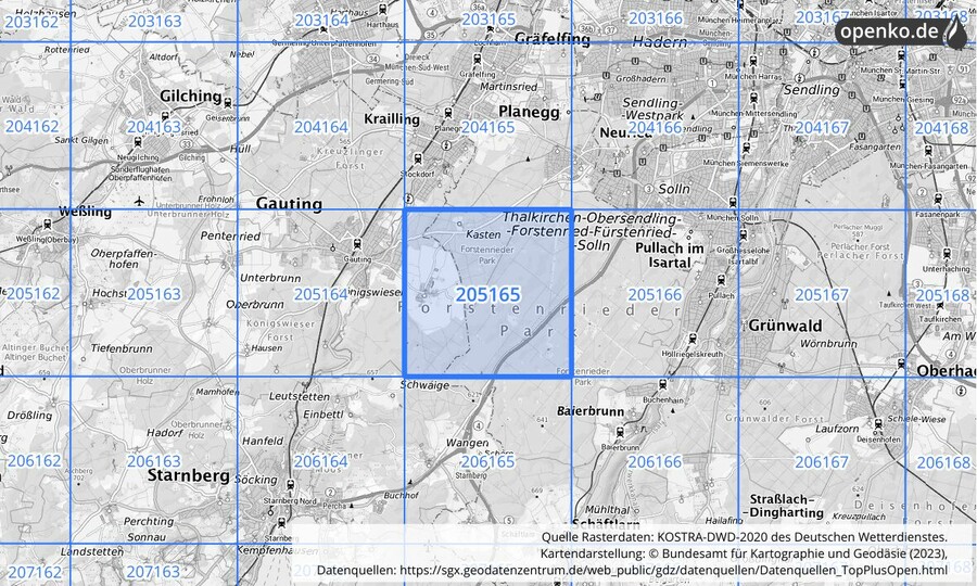 Übersichtskarte des KOSTRA-DWD-2020-Rasterfeldes Nr. 205165