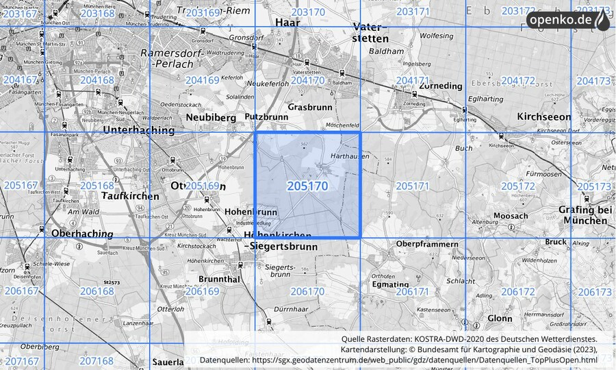 Übersichtskarte des KOSTRA-DWD-2020-Rasterfeldes Nr. 205170