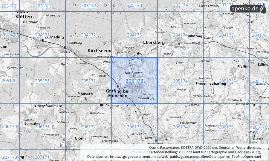 Übersichtskarte des KOSTRA-DWD-2020-Rasterfeldes Nr. 205173