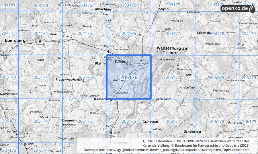 Übersichtskarte des KOSTRA-DWD-2020-Rasterfeldes Nr. 205176