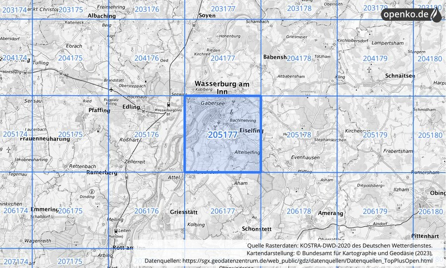 Übersichtskarte des KOSTRA-DWD-2020-Rasterfeldes Nr. 205177