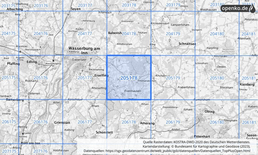 Übersichtskarte des KOSTRA-DWD-2020-Rasterfeldes Nr. 205178