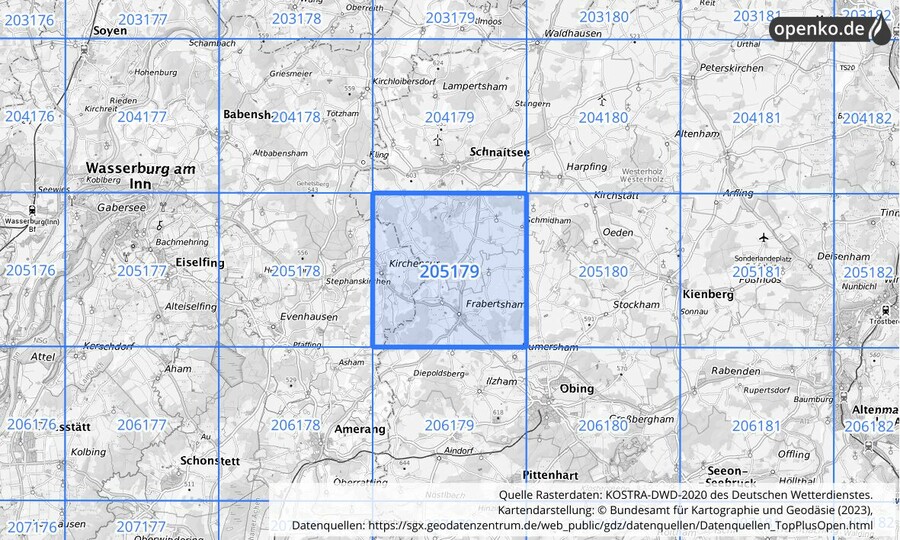 Übersichtskarte des KOSTRA-DWD-2020-Rasterfeldes Nr. 205179