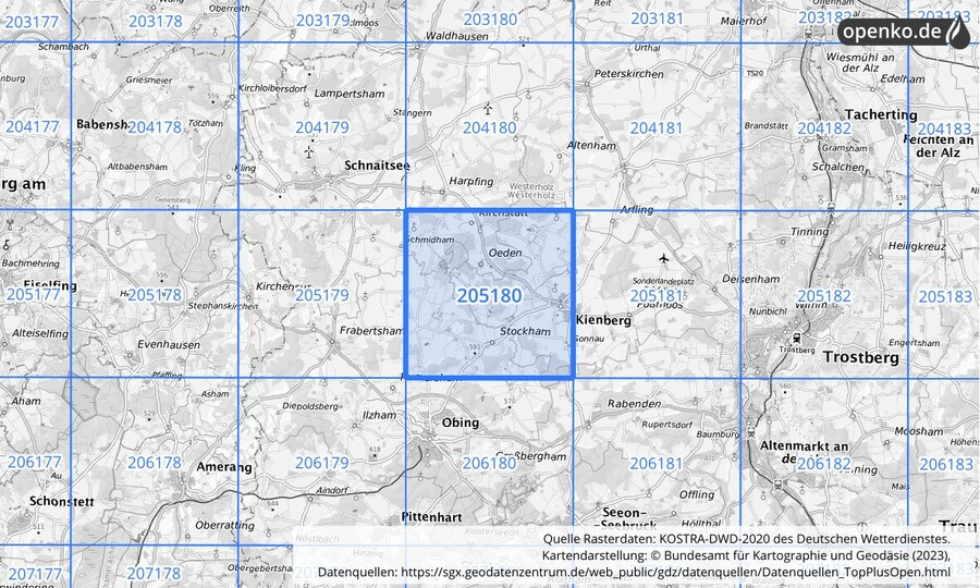 Übersichtskarte des KOSTRA-DWD-2020-Rasterfeldes Nr. 205180