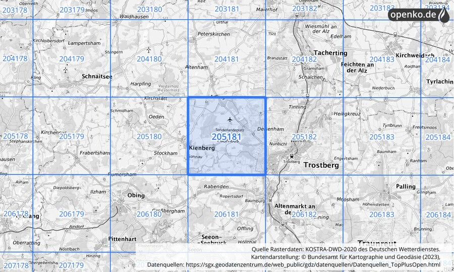 Übersichtskarte des KOSTRA-DWD-2020-Rasterfeldes Nr. 205181