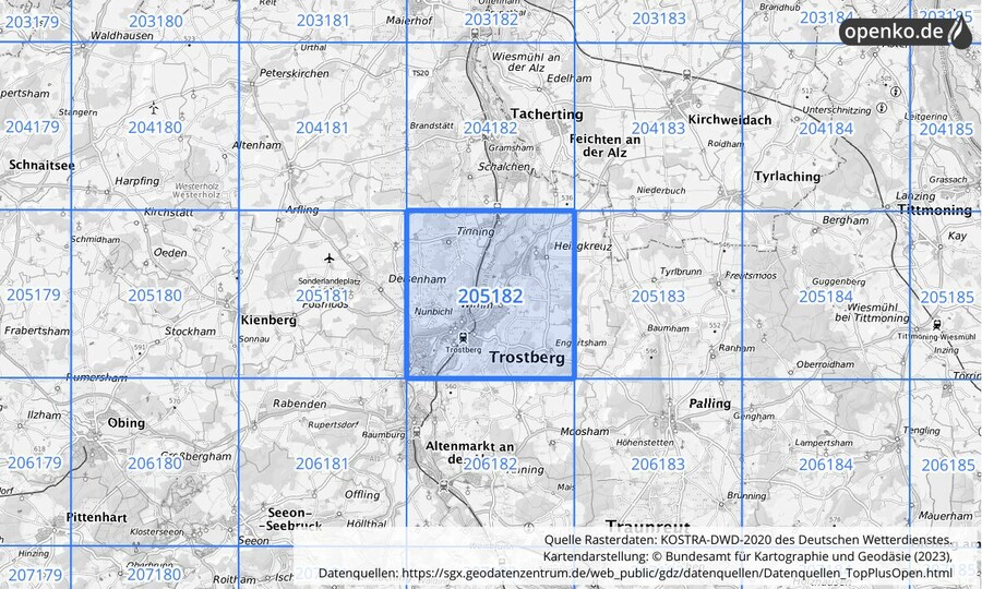 Übersichtskarte des KOSTRA-DWD-2020-Rasterfeldes Nr. 205182