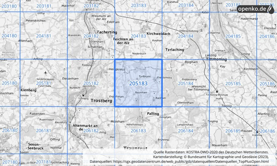 Übersichtskarte des KOSTRA-DWD-2020-Rasterfeldes Nr. 205183