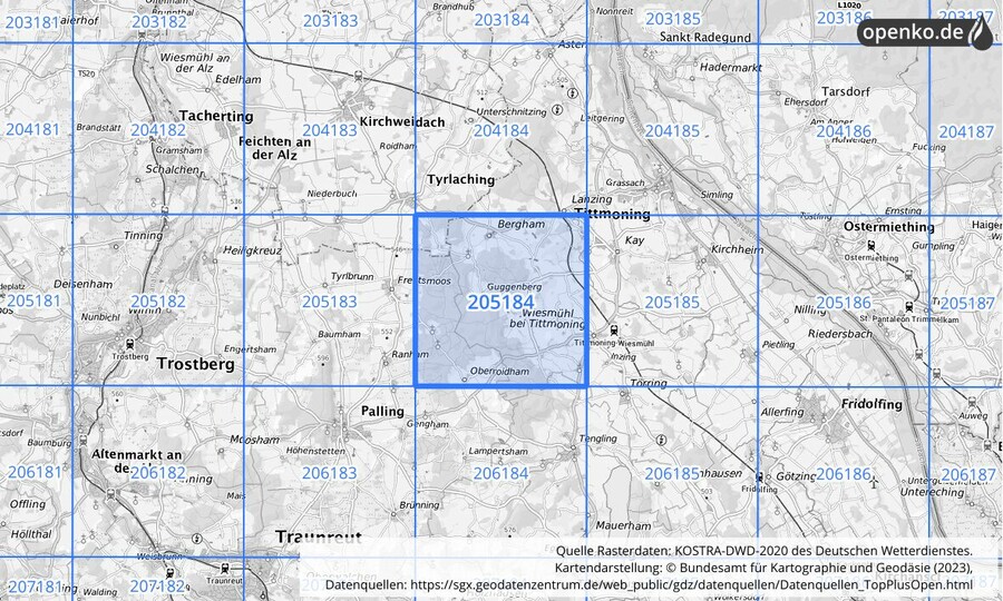 Übersichtskarte des KOSTRA-DWD-2020-Rasterfeldes Nr. 205184