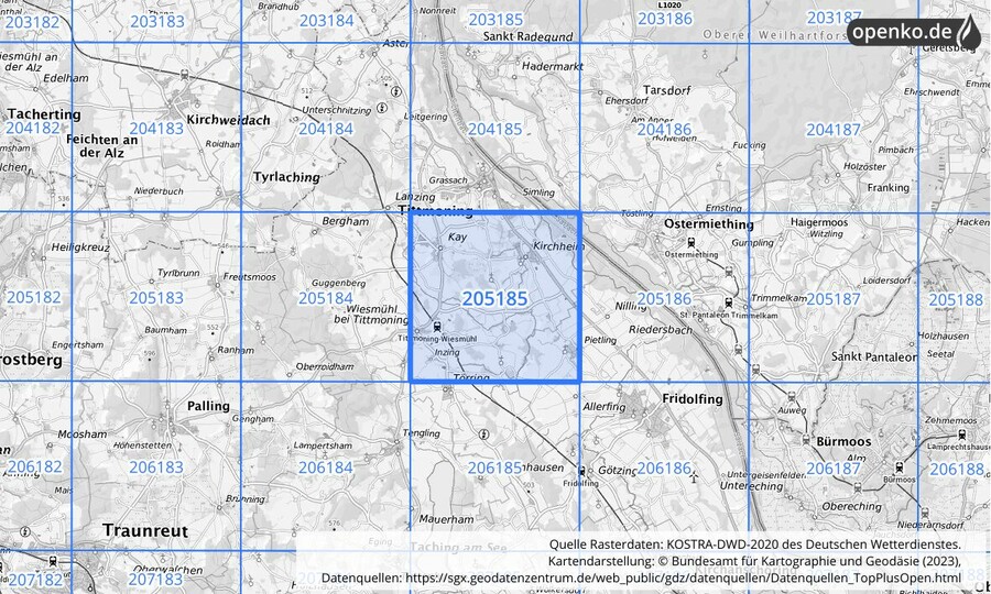 Übersichtskarte des KOSTRA-DWD-2020-Rasterfeldes Nr. 205185
