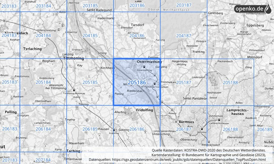 Übersichtskarte des KOSTRA-DWD-2020-Rasterfeldes Nr. 205186