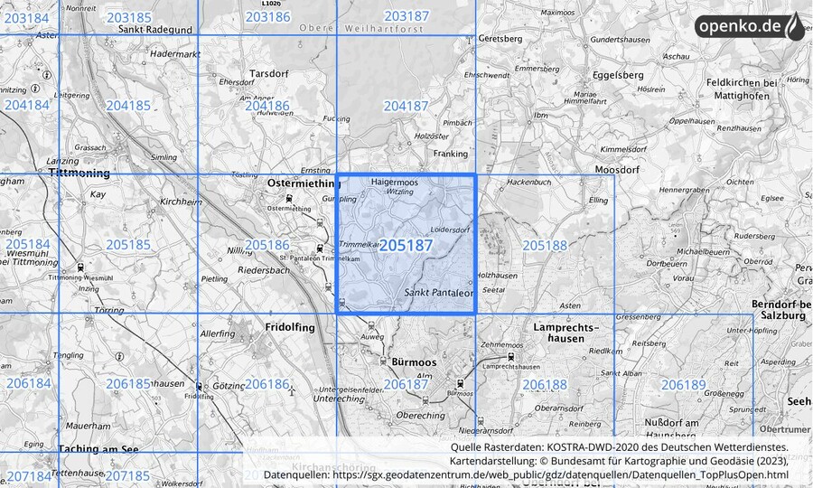 Übersichtskarte des KOSTRA-DWD-2020-Rasterfeldes Nr. 205187