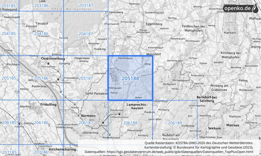 Übersichtskarte des KOSTRA-DWD-2020-Rasterfeldes Nr. 205188