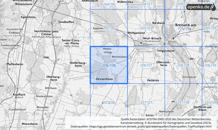 Übersichtskarte des KOSTRA-DWD-2020-Rasterfeldes Nr. 206106