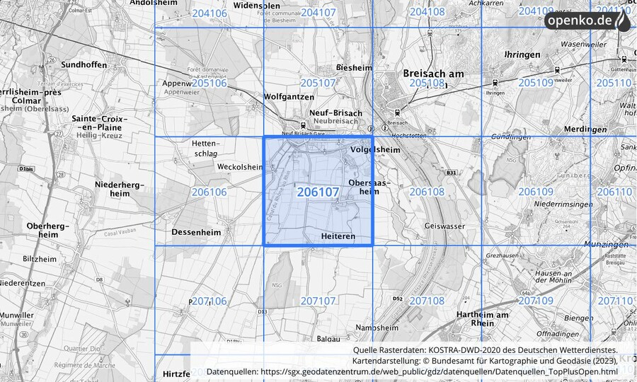 Übersichtskarte des KOSTRA-DWD-2020-Rasterfeldes Nr. 206107