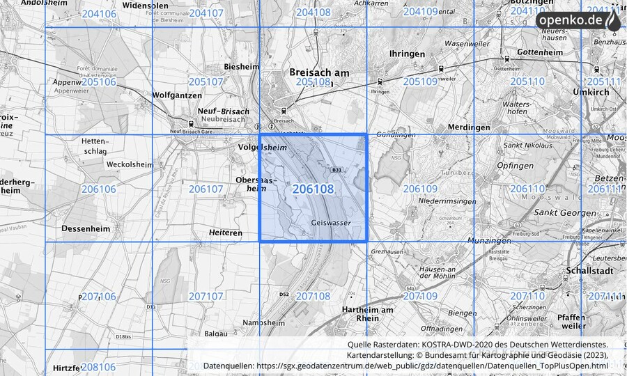 Übersichtskarte des KOSTRA-DWD-2020-Rasterfeldes Nr. 206108