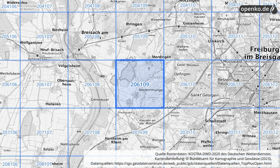 Übersichtskarte des KOSTRA-DWD-2020-Rasterfeldes Nr. 206109