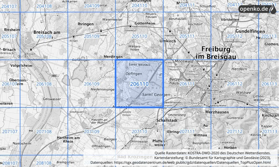 Übersichtskarte des KOSTRA-DWD-2020-Rasterfeldes Nr. 206110